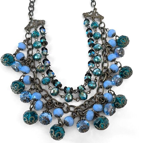 Vintage Faceted Glass Crystal Bead Layered Bib Necklace - Picture 2 of 5